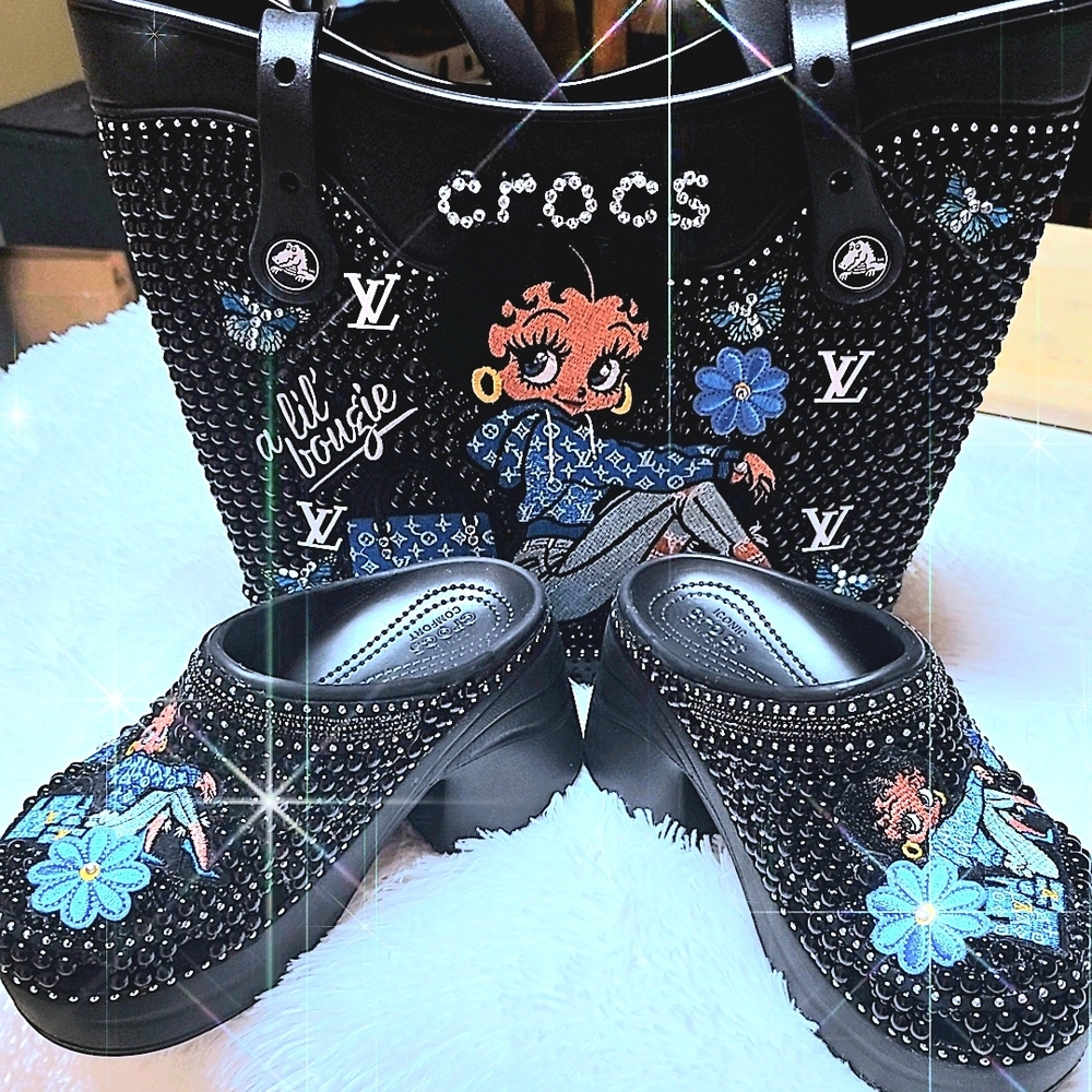 CROCS Black Mules with Blue Floral Embellishments BAG SOLD